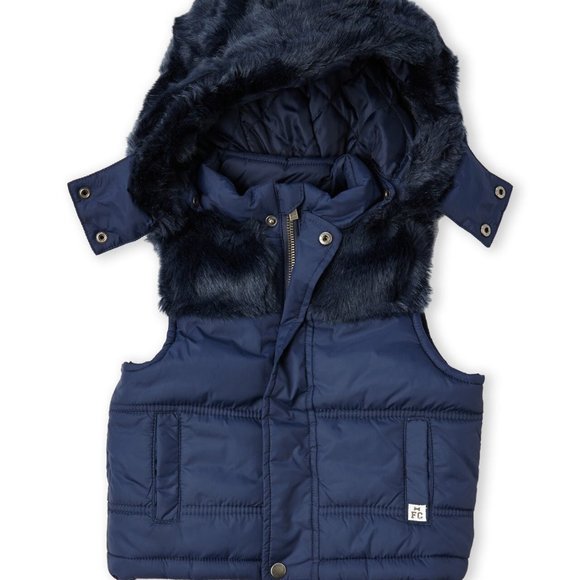 NWT FRENCH CONNECTION Girl Navy Blue Faux Fur Trim Hooded Puffer Vest Sz 16 - Picture 1 of 2